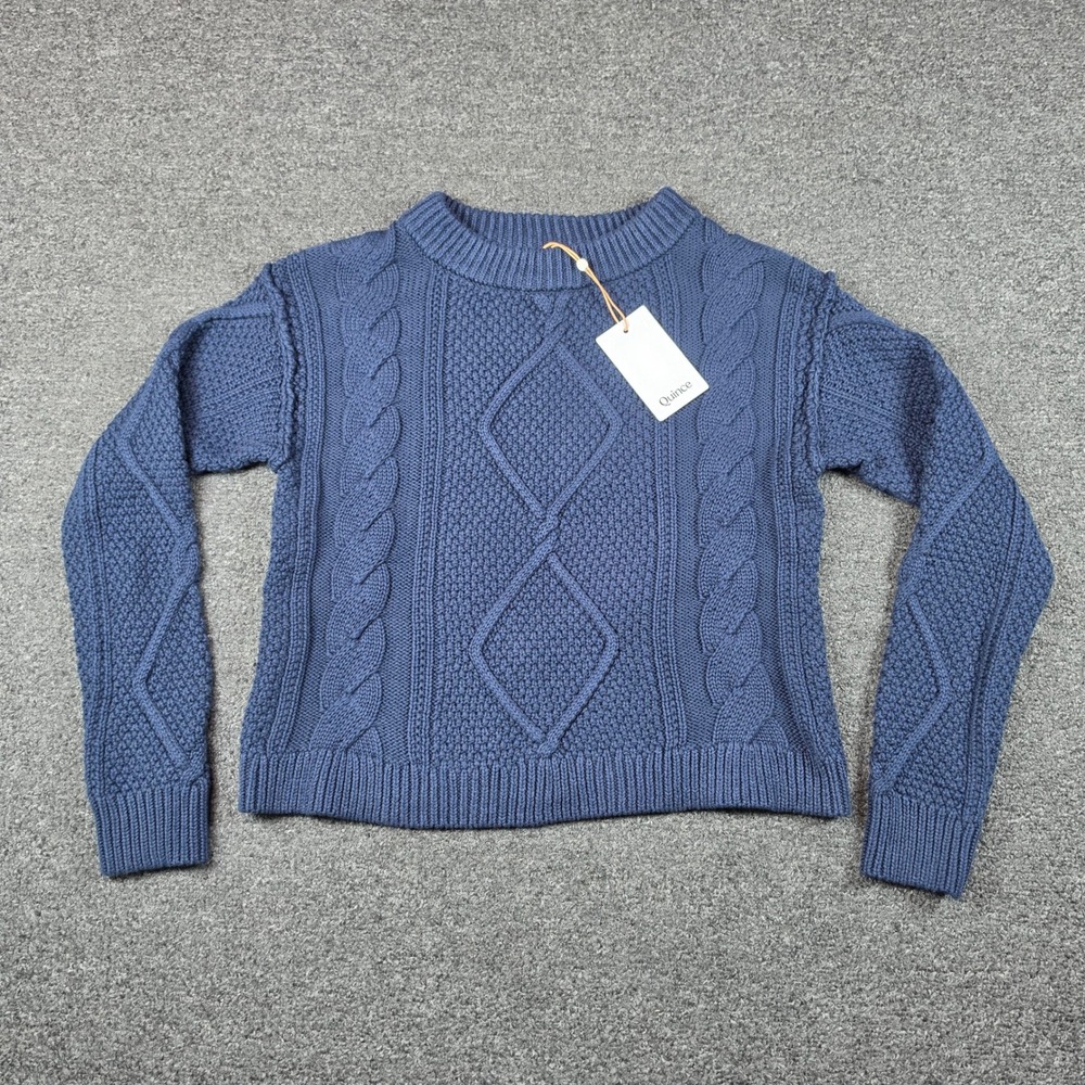 Quince Cropped Cable Crew Sweater Navy Womens XS Organic Cotton Knit Casual NEW